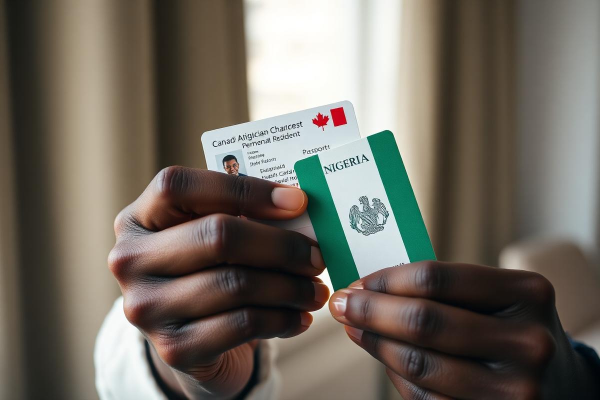 Newcomer holding Canadian permanent resident card and Nigerian passport