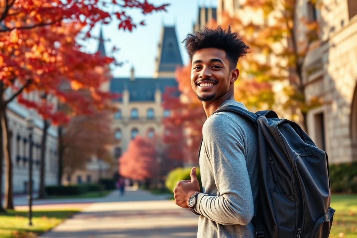 International student on a Canadian university campus in autumn